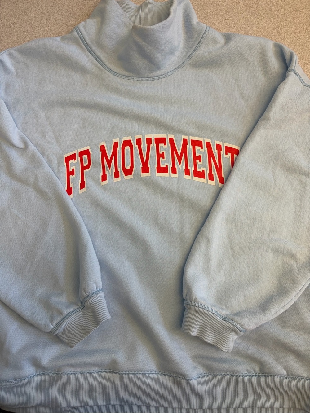 Free People Light Blue Turtleneck Sweatshirt with Red FP MOVEMENT Logo